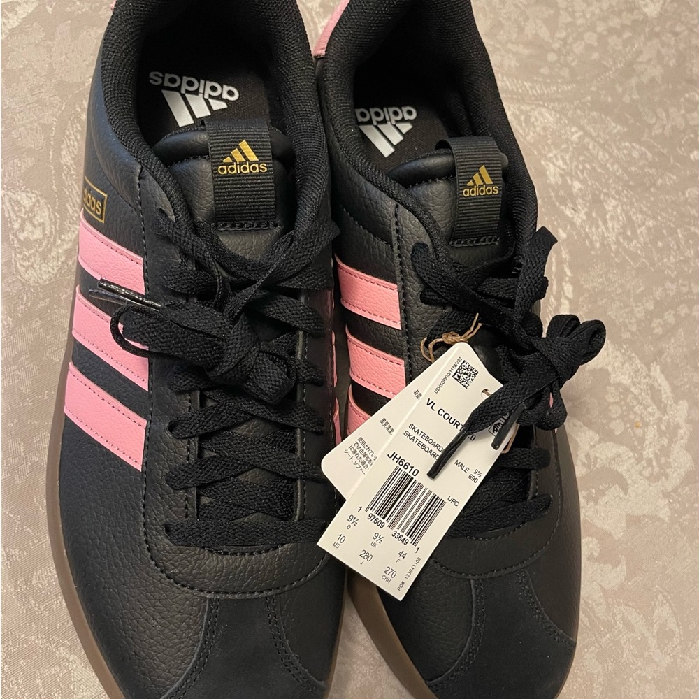 New Adidas VL Court 3.0 Black Sneakers with Pink Accents Women size 10